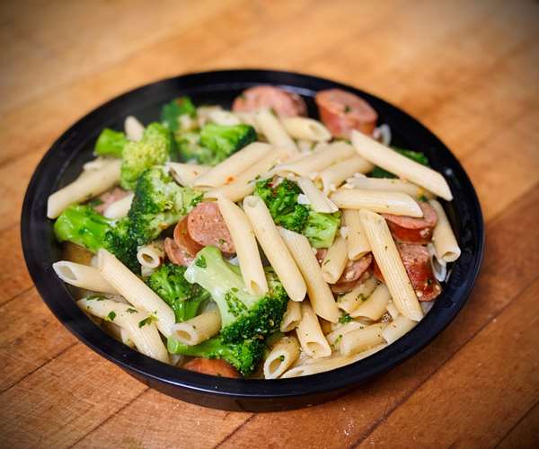 Pasta Garlic & Oil with Broccoli Florets and Italian Sausage Added 